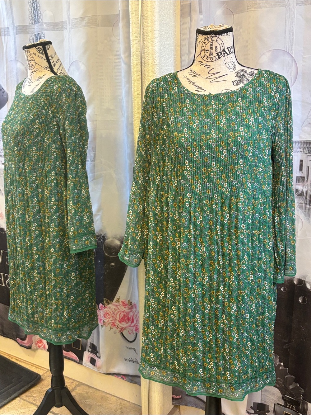NWT Max Studio Gryessda Green Floral Crinkle Pleated Dress